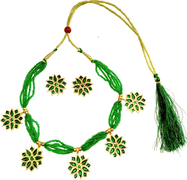 Assamese_Traditional_Gold_Plated_Green_Colour_Golpata_Necklace_Set_For_Women